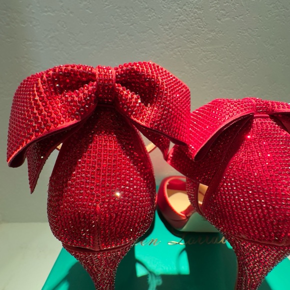 NWT Lauren Lorraine Sparkling Red Satin Bow Fling Open Toe Heels - Picture 2 of 7
